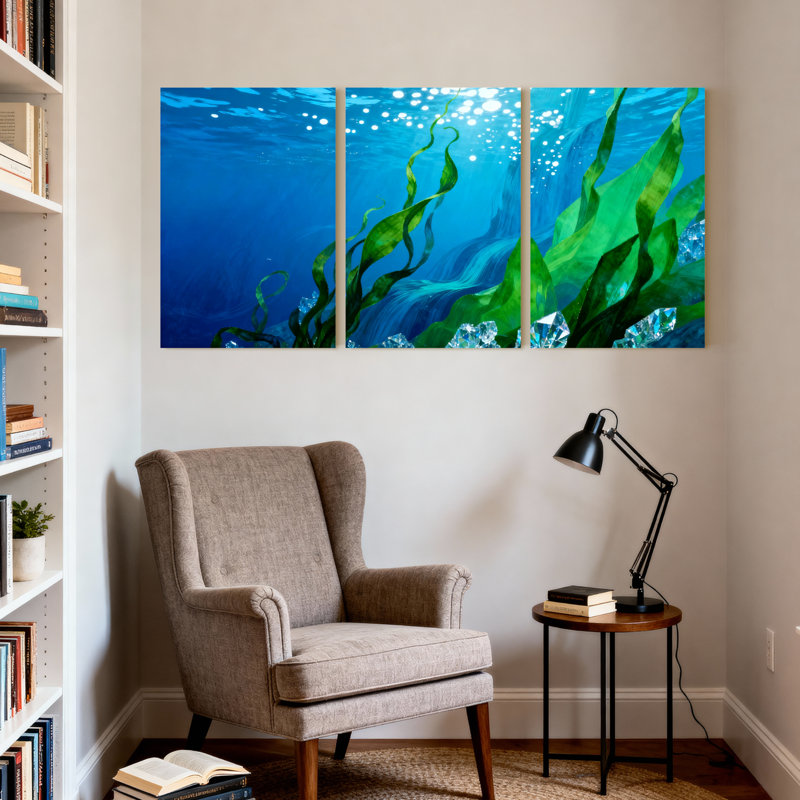 Scénario et paysages urbains sous-marins, vagues océaniques, algues, ensemble de 3 impressions murales sur toile