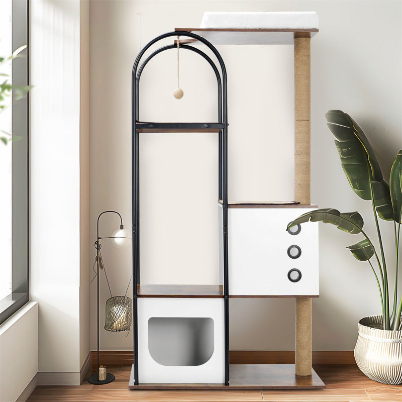Modern Multi-Level Black and White Cat Tree with Scratching Posts
