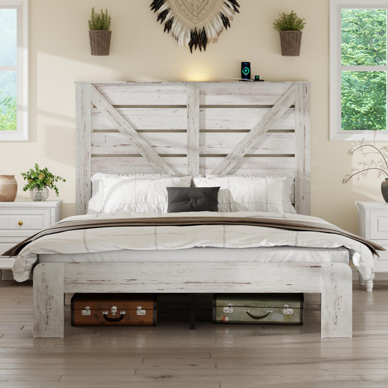 Base de lit plateforme en bois grand, Blanc, Grand lit