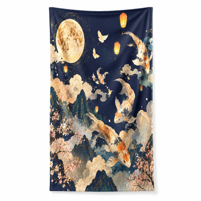 1Pcs Koi Fish Tapestry, featuring a mystical scene with vibrant swimming amongst clouds, mountains, cherry blossoms, and lanterns under full moon. This artistic wall hanging is perfect for living room, bedroom, or dorm decor, adding touc