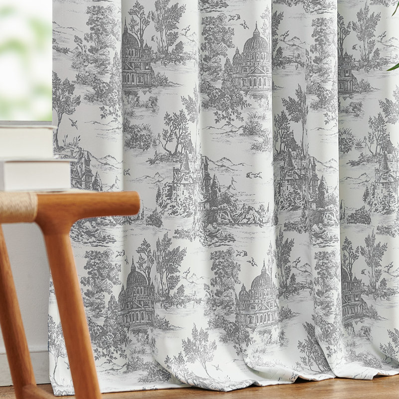 French Printed Castle French Printed Castle Toile Curtains, 50" W x 63" L, Light Gray