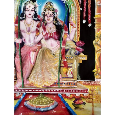 «Dalitha Tripura Sundari with Kameshwara Shiva», peinture acrylique - art mural encadré déesse indou 16,5 "x 11,7" par Ankit