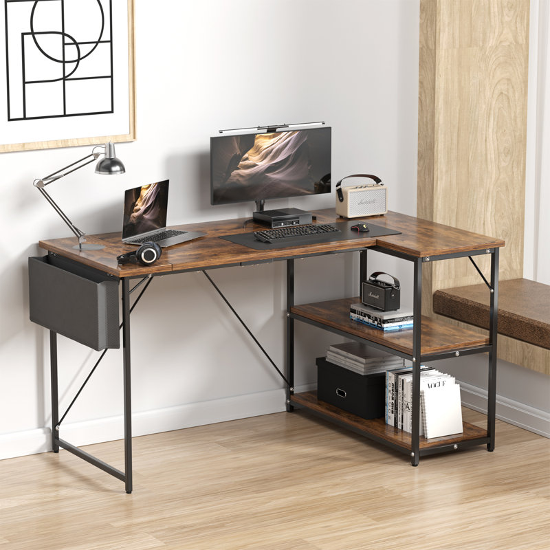 Besender L-Shaped Metal Base Writing Desk, Coffee/Black