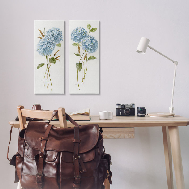 Blue Hydrangea Long Stems Vintage Wood Wall Art Set