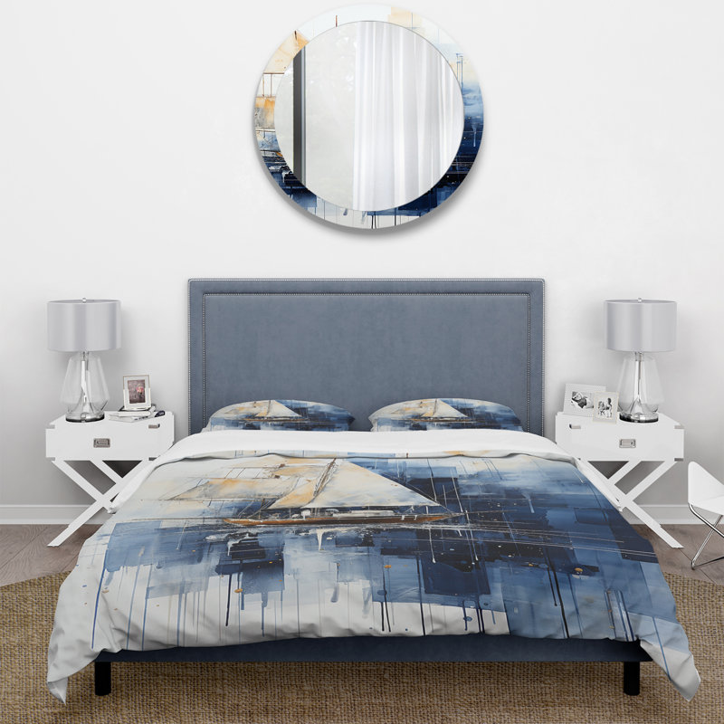 Ensemble de housse de couette bleu et blanc à géométrie nautique - Minimalisme côtier
