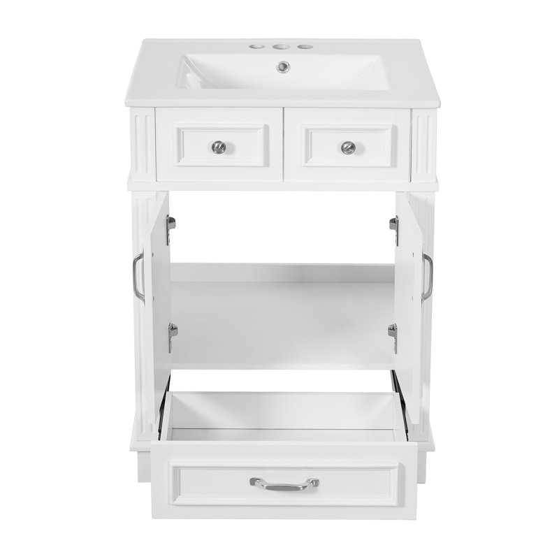 Meuble-lavabo de 30 po avec lavabo en céramique, armoire de rangement en bois massif avec portes à fermeture douce, style rétro, bleu