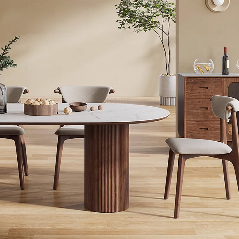 Maxsony 71" Mid Century Dining Table with Glossy Stone Tabletop, Rectangular  Kitchen Table with Solid Wood Double Pedestal for 6
