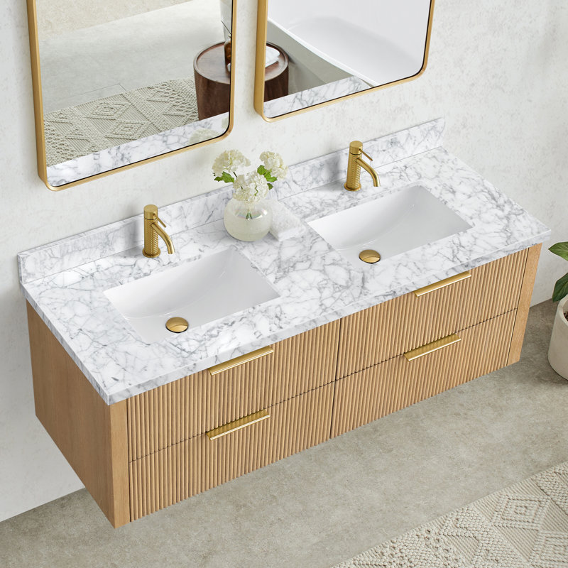 Zevio l 61 po x P 22 po. Comptoir de meuble-lavabo en marbre blanc de Carrare avec lavabo simple rectangulaire blanc