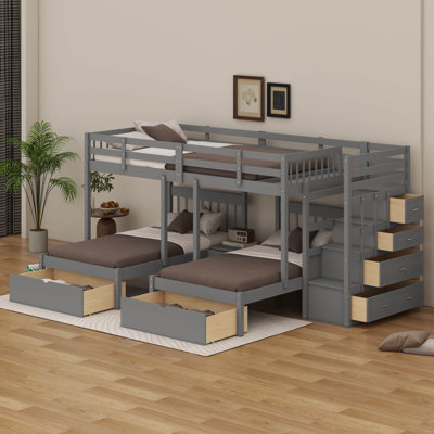 Full Over Twin & Twin Wooden Triple Bunk Bed - Storage Drawers & Full-Length Guardrails