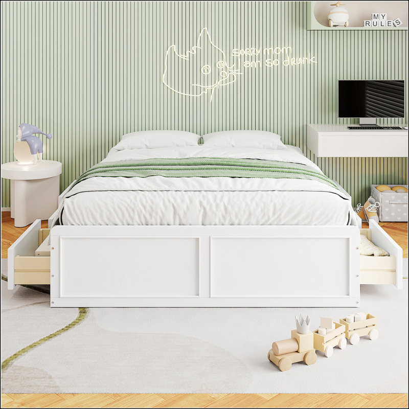 Structure de lit plateforme en bois avec 6 tiroirs, Blanc