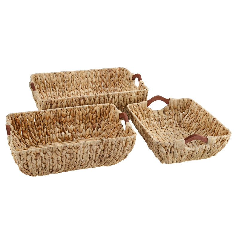 Ensemble de paniers de rangement tissés à la main avec poignées en bois, bacs en osier polyvalents (ensemble de 3)