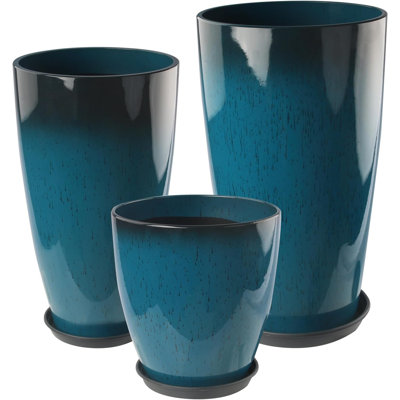 Aldan 24/21/10 Inch Glossy Planters Set of 3, Imitation Porcelain Tall Round Plant Pots with Drainage Holes and Saucers