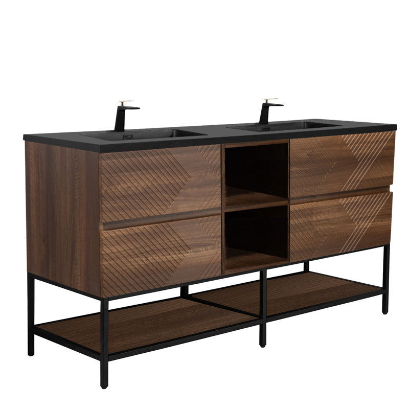 Coakley x 19 po P 4 tiroirs Meuble-lavabo autoportant avec évier double et Comptoir en Quartz noir d'ingénierie, Noir