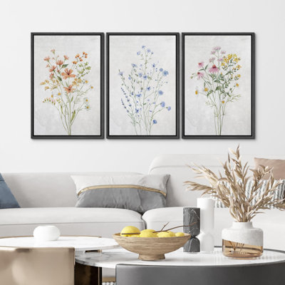 Watercolor Botanical Floral Boho Wildflower Daisies Artwork Wall Art Framed 3 Pieces Canvas Print