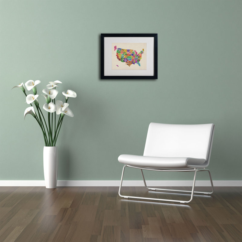 « usa states map text map » par michael thompsett, art textuel encadré, H 11 po x l 14 po x P 0,5 po, Brun - Biseautée