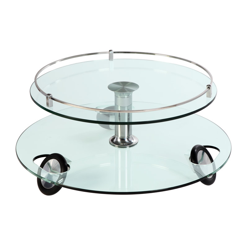 Round Glass Two-Tier Coffee Table with Casters