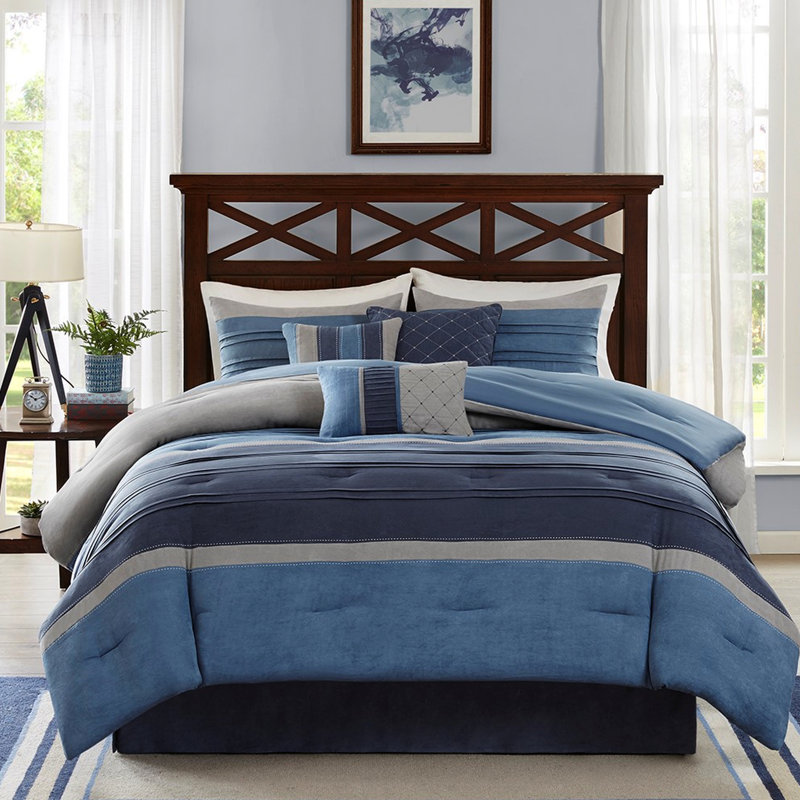 Édredon 7 pièces bleu marine grand, microsuède avec 2 coussins décoratifs en suède, décor lavable à la machine