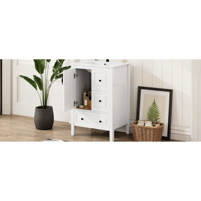 Meuble-lavabo autoportant de 24 po avec apparence blanche, lavabo intégré en céramique, rangement et tiroirs à fermeture en douceur, poignées rétro noires en blanc, armoire en aluminium à faible entretien