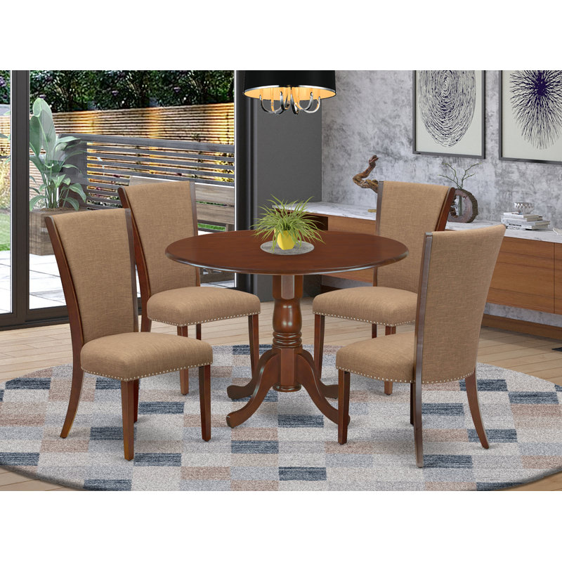5 Piece Dining Room Table Set Includes a Round Kitchen Table with Dropleaf and 4 Light Sable Linen Fabric Parson Dining Chairs, Mahogany