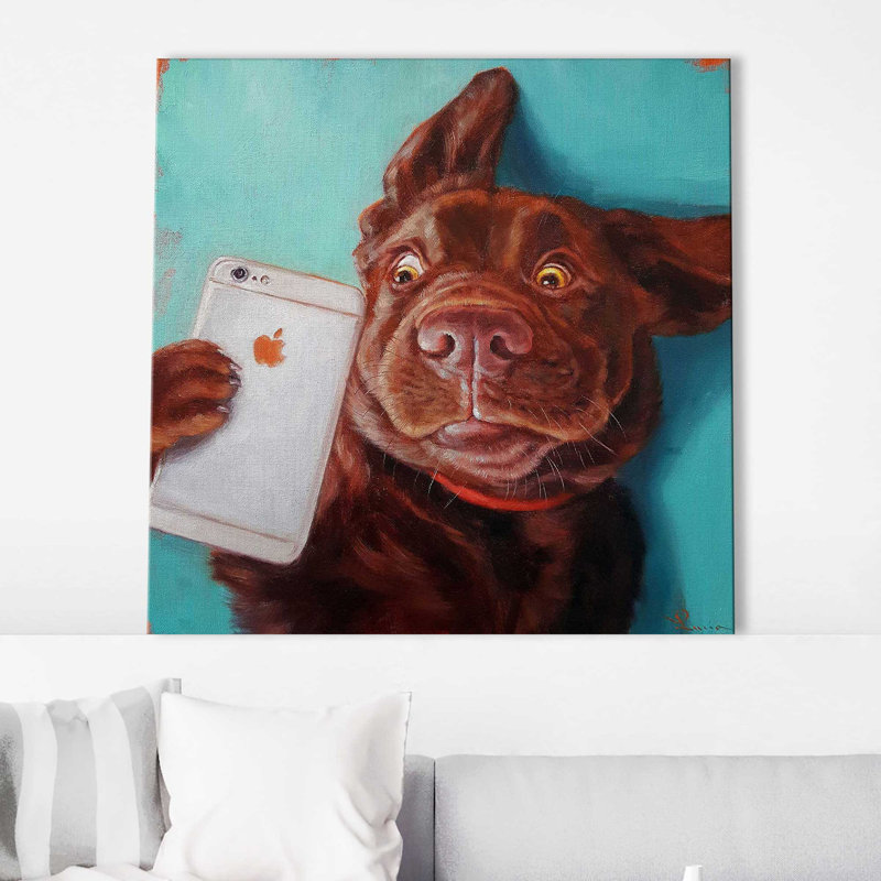 «Dog Selfie» par Lucia Heffernan - Peinture, Toile tendue, H 18 po x l 18 po x P 1 po