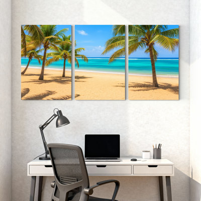 Palmiers, plage tropicale, palmiers, océan, ciel, sable, ensemble de 3 impressions sur toile