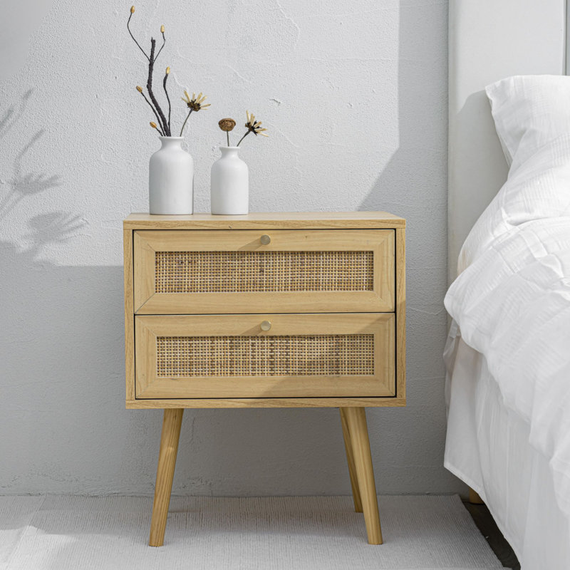 Perseus Modern Light Brown 2 Drawer Rattan Bedside Table for Bedroom