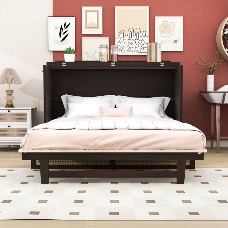 Grand lit escamotable 1 tiroir avec accents en rotin, conception pliable peu encombrante, Espresso