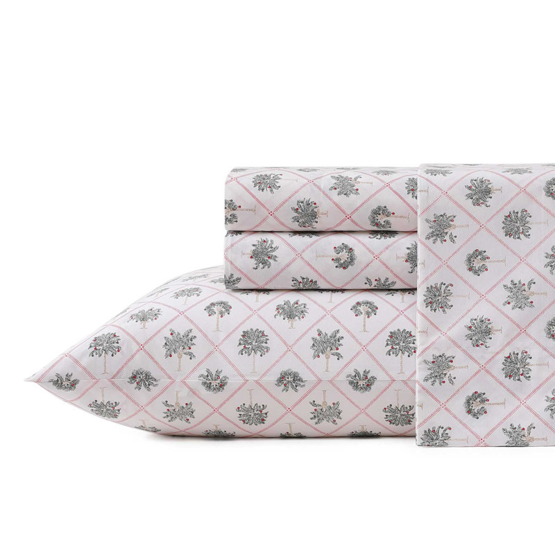 Tommy Bahama Printed Percale Cotton Sheet Set, King Sheet Set with 2 Pillowcases, Pink Block Trees