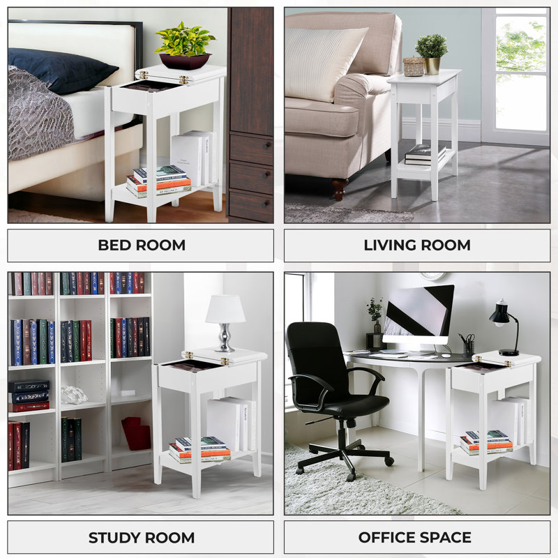 Galnares Compact Narrow End Table with Hidden Storage – Small Side Table, Wood Nightstand, Accent Table, White