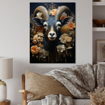 Black Male Goat Floral Illustration - Goat Animal Metal Wall Art