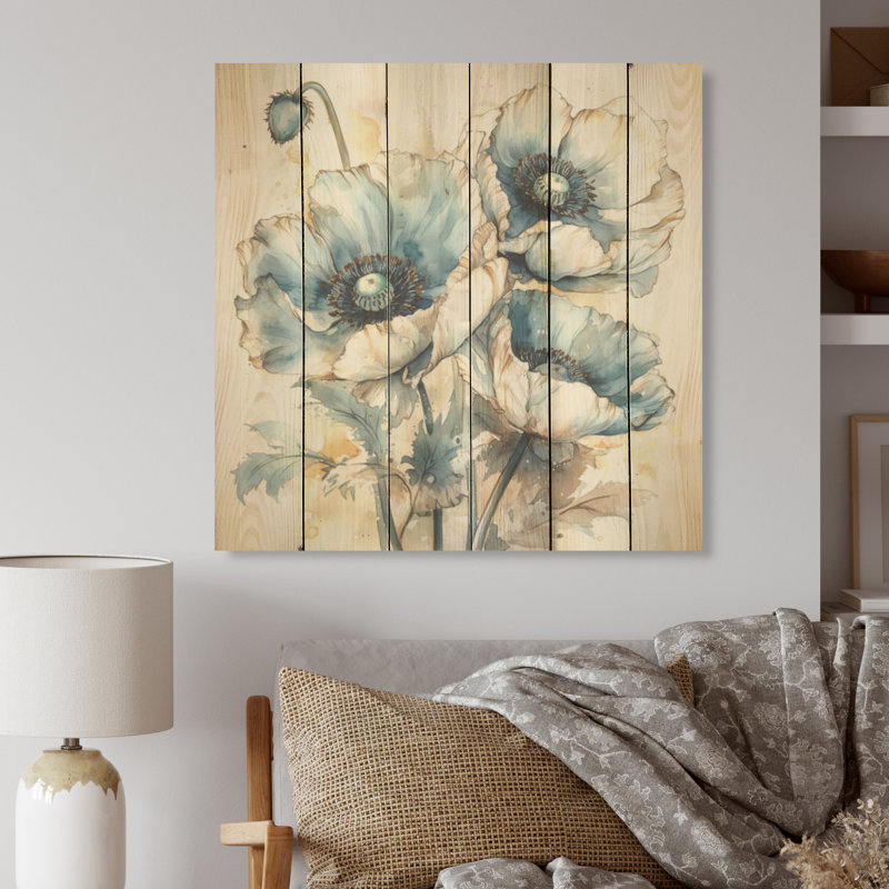 Fleurs de pavot bleu pâle et blanches I - coquelicots, art sur bois de pin naturel, H 15 po x l 15 po