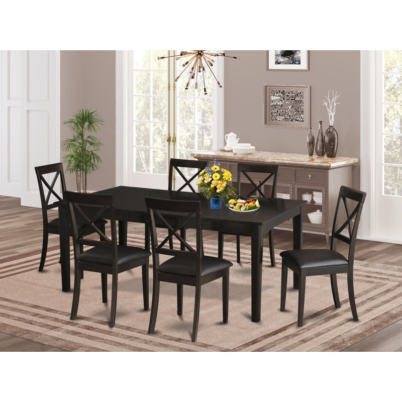 7 Piece Kitchen Table & Chairs Set Consist of a Rectangle Dining Table with Pedestal and 6 Faux Leather Dining Room Chairs, 42x72 Inch, Cappuccino