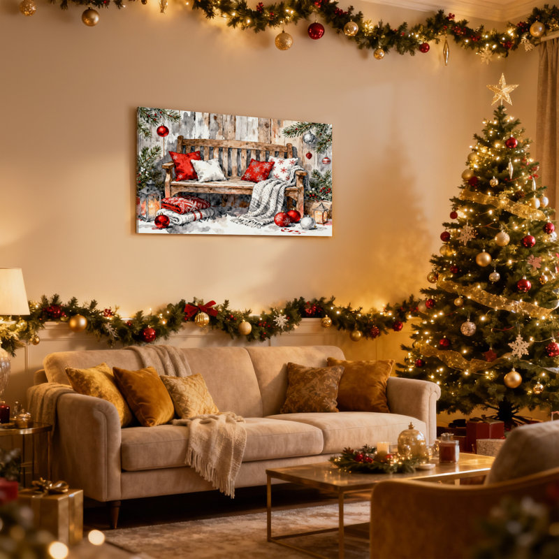 Ensemble de 3 impressions sur toile, banc de Noël avec coussins et ornements, H 12 po x l 18 po