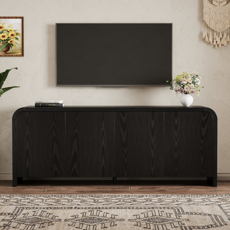 Meuble télé de style ferme à bords incurvés pour téléviseurs jusqu'à 70 pouces, meuble console multimédia avec passe-câbles et étagère réglable, noir