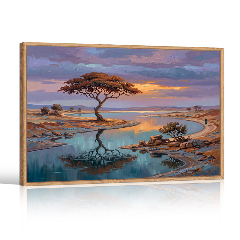 Grand arbre au bord d'une rivière sinueuse au coucher du soleil, avec un ciel violet - Tableau sur toile, 36"H x 48"W