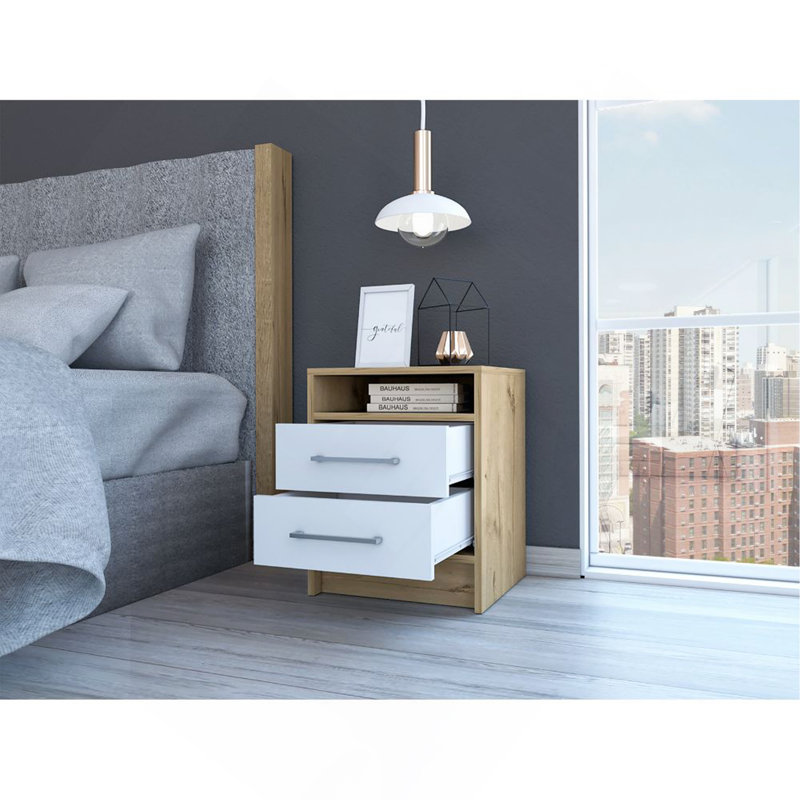 Table de chevet, table de bout, plateau supérieur Eter, deux tiroirs - blanc / chêne clair Eter, Blanc / Chêne clair