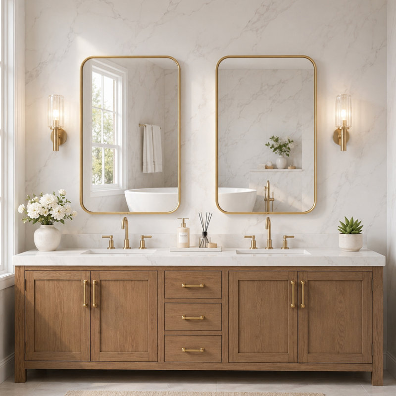 Miroir mural de salle de bain, Or brossé, 30 po x 22 po , Coin arrondi