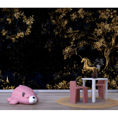 Murale de luxe forêt fantaisie avec licornes dorées et ciel nocturne céleste - décoration murale chambre d'enfant enchantée ou chambre à coucher fantaisiste