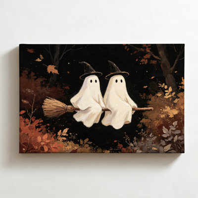 Two Ghosts on a Broomstick, Oil Painting Halloween Canvas Wall Art Print on Canvas, Gothic Spooky Season Wall Decor for Living Room Bedroom, 20" x 30"