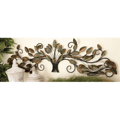 Metal Long Scrolled Leaf Brown Wall Decor with Weathered Patina Accents