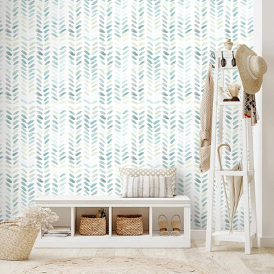 Green And White Peel And Stick Wallpaper Boho 17.3Inw 393Inl Contact Paper For Cabinets Green Modern Herringbone Wallpaper Self-Adhesive Removable Wall Paper Bathroom Waterproof Kids Teal