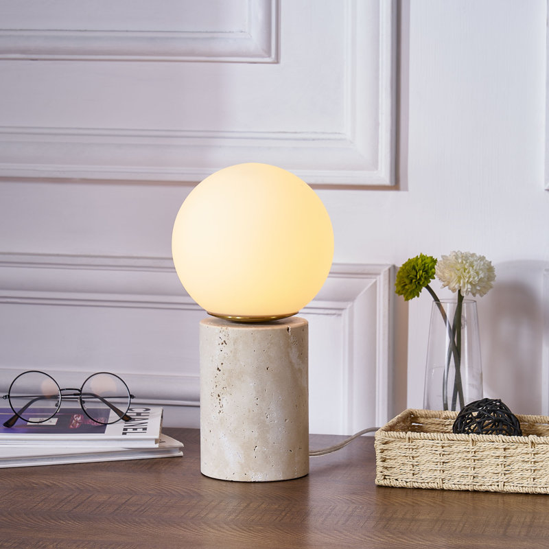 11.5" Modern Natural Travertine Table Lamp with Milky Glass Globe Shade