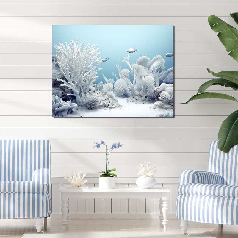 Coastal White Coral Serenity - Coastal Coral Under Water, art mural, Toile tendue, 34" H x 44" W x 1.5" D