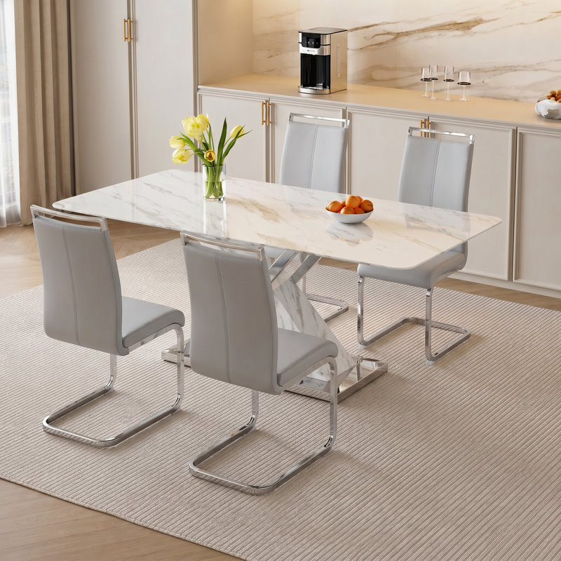 Ensemble de salle à manger 5 pièces rectangulaire moderne en faux marbre avec chaises en porte-à-faux, Gris clair
