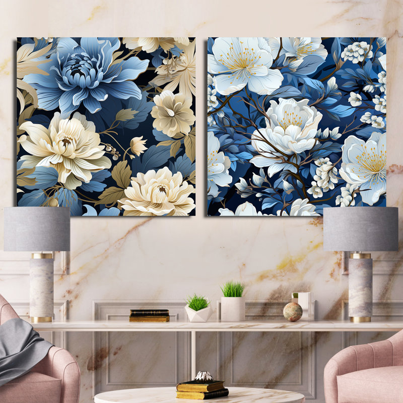 Annemasse - Ensemble de 2 collages carrés floraux, H 16 po x l 33 po, Toile tendue