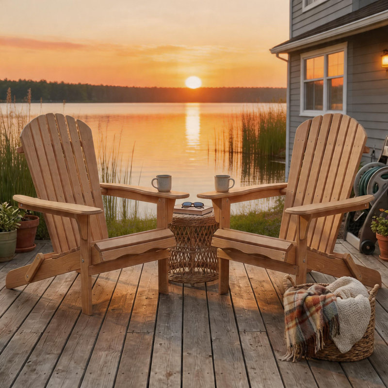Set of 3 Solid Wood Folding Adirondack Chairs, Outdoor Lounge Patio Chairs for Garden, Lawn & Backyard, Light Brown