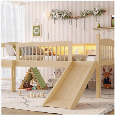 Lit mezzanine simple avec tablettes de rangement, lit mezzanine inférieur en bois massif avec lumières DEL et garde-corps pleine longueur, sans sommier tapissier, blanc