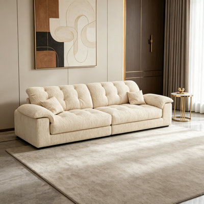 Cream Style Beige Chenille Fabric Cloud Sofa - Removable Washable 3-Seater Straight Couch for Small Living Rooms