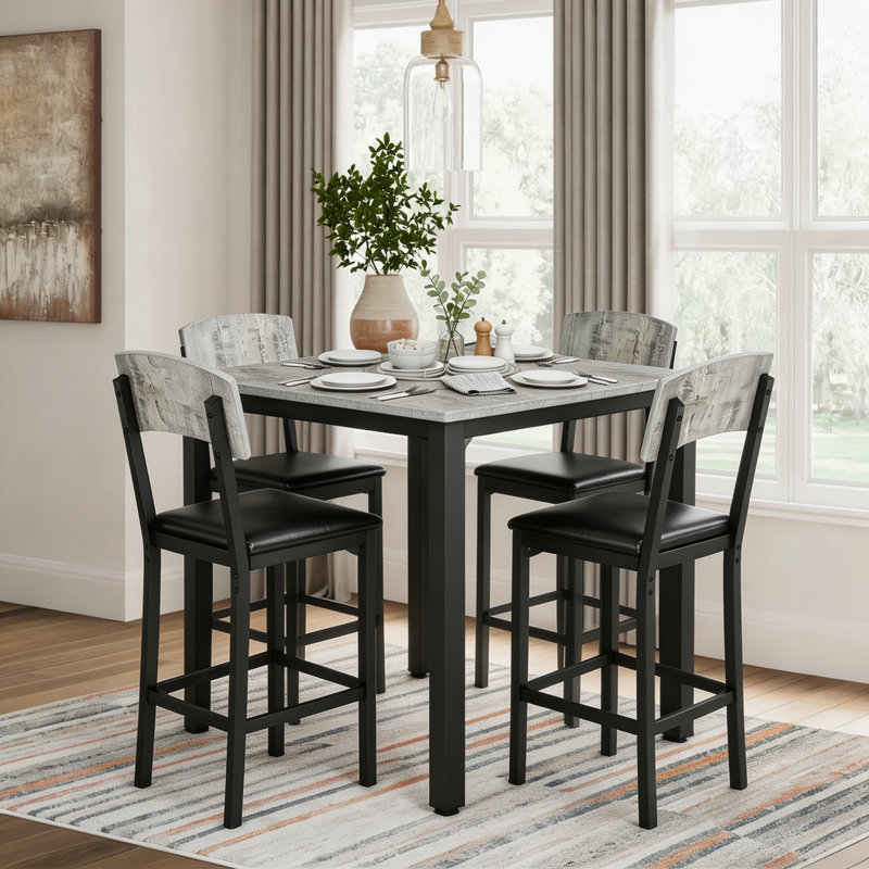 Ensemble de table de salle à manger 5 pièces pour 4 personnes, table à hauteur de comptoir avec 4 tabourets de bar rembourrés, ensemble de 4 tables et chaises de cuisine modernes avec repose-pieds et dossier, ensemble de salle à manger compact pour pub, salle à manger, restaurant