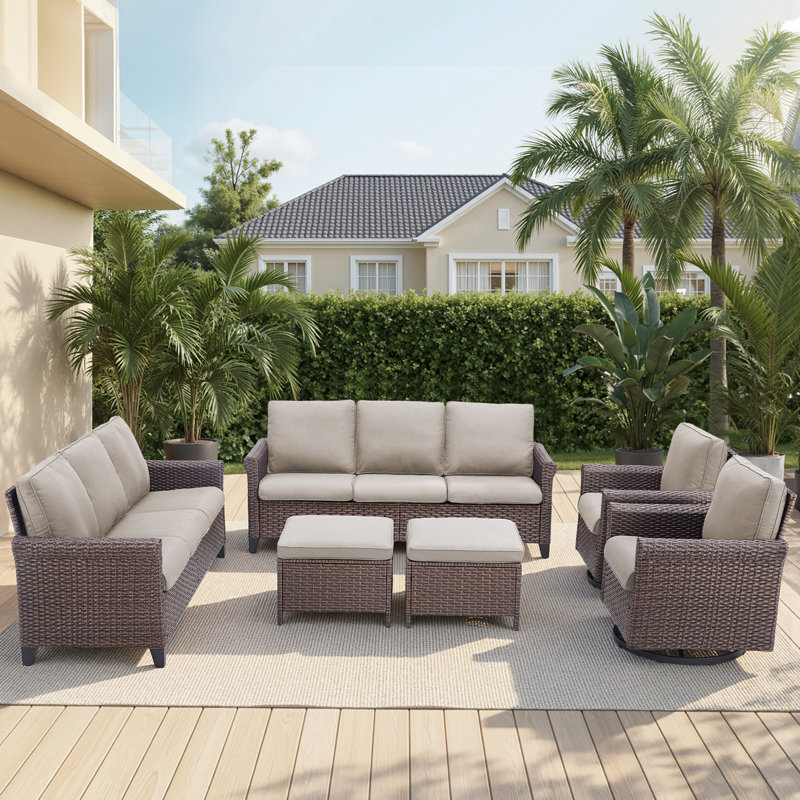 6-Piece Outdoor Patio Wicker Family Conversation Set with Swivel Chairs and Ottomans, Beige